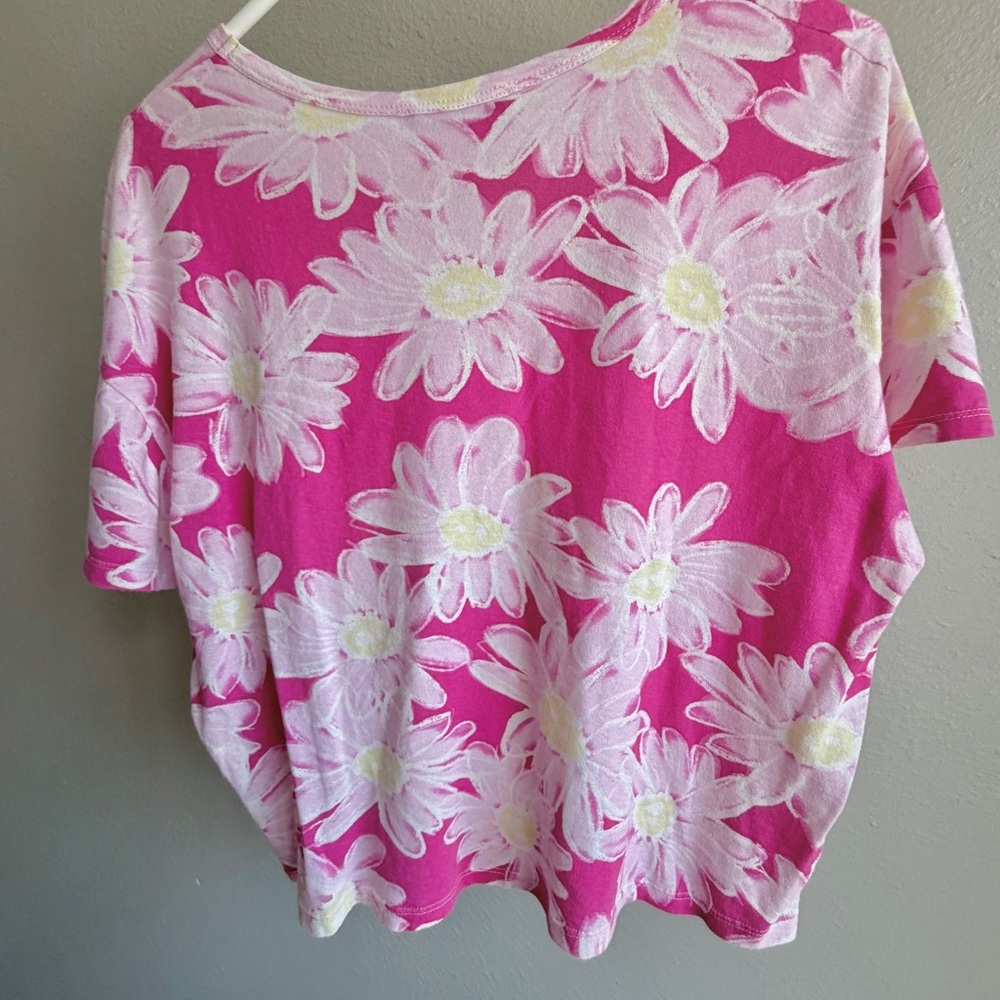 Zara Pink Short Sleeve Shirt size S Daisy Flower Printed Casual Pullover spring - Picture 6 of 6